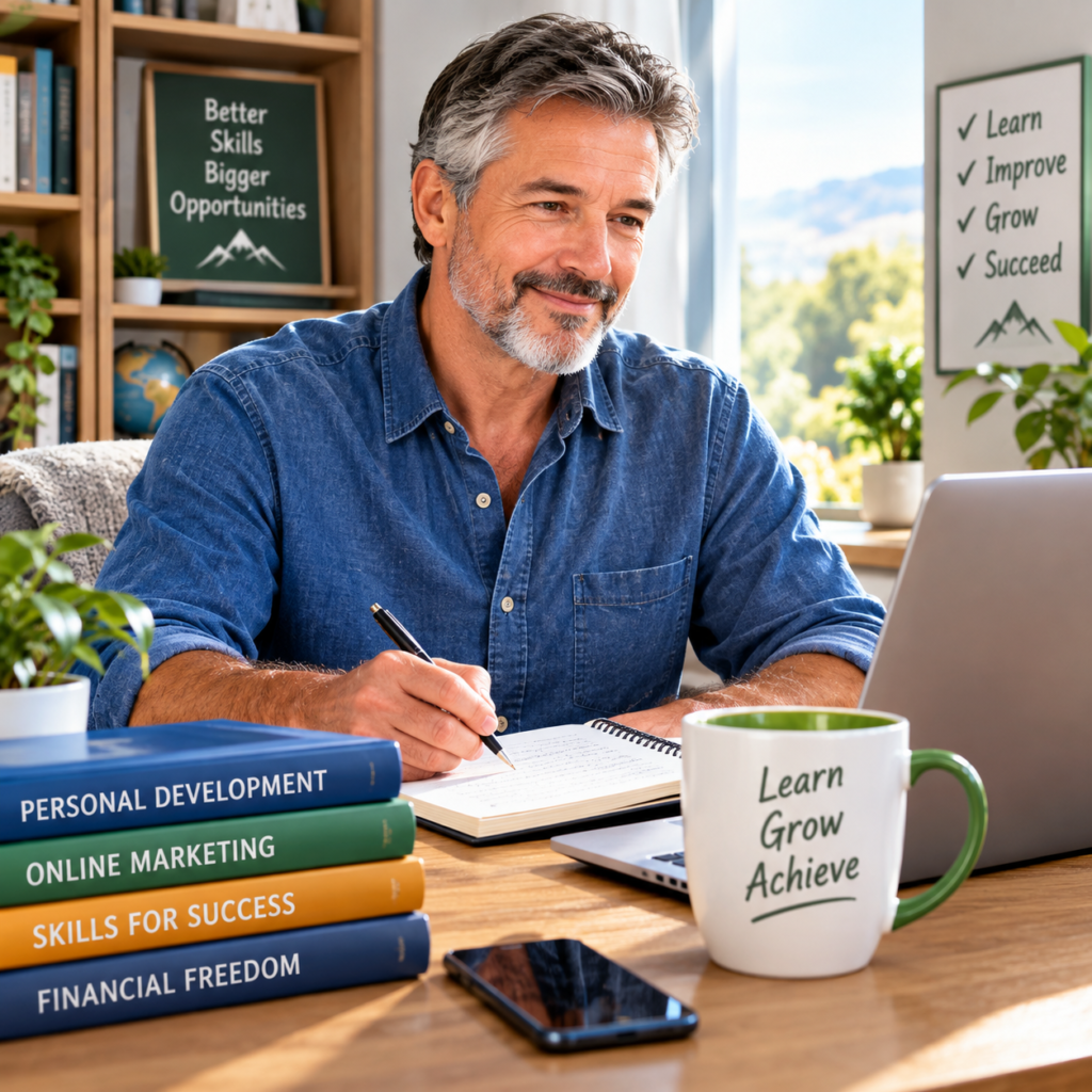 1. Aspiring entrepreneur learning online marketing skills at home